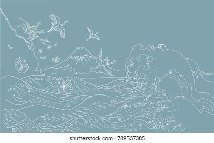 Hand drawn Fuji Mountain with Heron bird and Japanese wave vector.