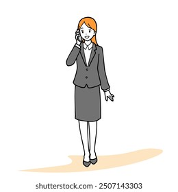 Hand drawn full body illustration of a young woman in a suit calling with a smile on her face.