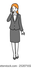 Hand drawn full body illustration of a young woman in a suit calling with a smile on her face.