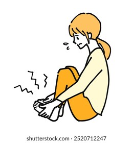 Hand drawn full body illustration of a young woman with painful feet.