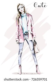 Hand drawn full body woman portrait. Beautiful young girl with bag. Fashion woman. Sketch. 