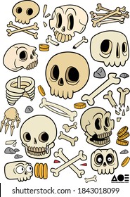 Hand Drawn Full Colour Vector Collection of Cartoon Skulls Bones And Treasure, Spooky Halloween Illustrations On White Background