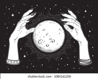 Hand drawn full moon with rays of light in hands of fortune teller line art and dot work. Boho chic tattoo, poster or altar veil print design vector illustration