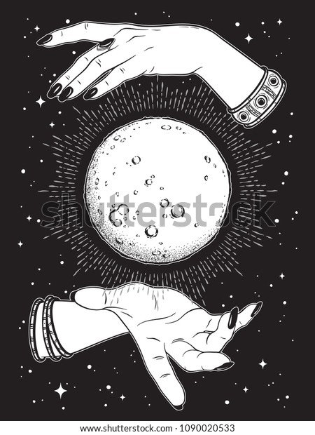 Hand drawn full moon with rays\
of light in hands of fortune teller line art and dot work. Boho\
chic tattoo, poster or altar veil print design vector\
illustration