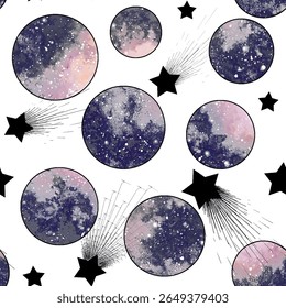 Hand drawn full moons seamless pattern. Watercolor galaxy illustration on white background. Grey and black planets in cosmos. Magical print for halloween cards, textile, wallpapers.
