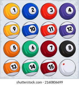 Hand drawn Full Set of 16 Billiard Balls for Pool Tables, Includes Eight Ball and White Cue Ball