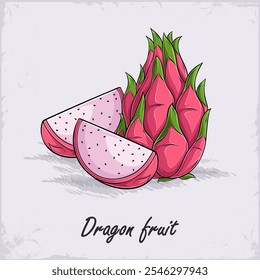 Dibujado a mano y cortar rodajas de fruta de dragón rosa exótica tropical con sus hojas y semillas 