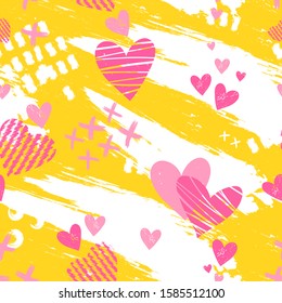 Hand drawn fun background with hearts - colorful seamless pattern, great for trendy textiles, banners, wrapping - vector design