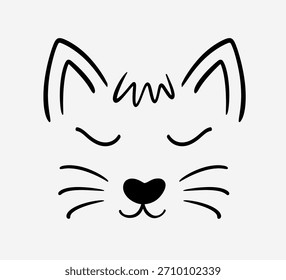 Hand Drawn Fun Cat Face Cute Vector Illustration Doodle Style Outline Animal Character