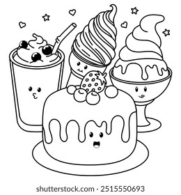 Hand drawn fun and cute kawaii kids coloring page illustration with cake, ice cream and drink. Vector coloring book design.