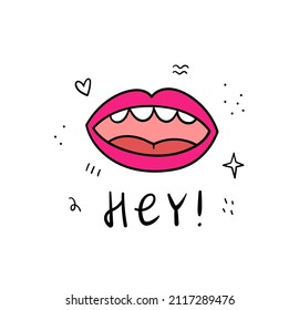 La mano dibujó labios de ilustración divertida y letras. Ideal para afiches, tazas y polos. Graciosa imagen vectorial de moda.