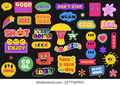 Hand drawn fun stickers set in flat graphic design. Collection elements of cute doodle templates with groovy characters and messages of wow, lol, cool, best, amazing, other. Vector illustration.