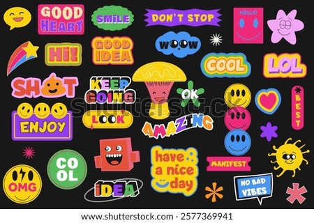 Hand drawn fun stickers set in flat graphic design. Collection elements of cute doodle templates with groovy characters and messages of wow, lol, cool, best, amazing, other. Vector illustration.
