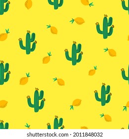 Hand drawn funky cactuses and lemons summer pattern. Hipster trendy style texture. Seamless vector flat pattern.