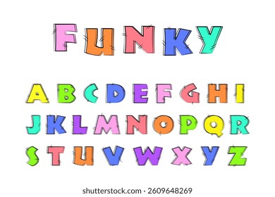 Hand drawn funky font. Colorful cartoon alphabet for kids.