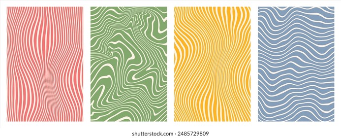 Hand drawn funky groovy, hippie backgrounds, patterns set. Marble stains. Distorted uneven stripes, warped streaks, fluid liquid wavy lines, doodle waves. Striped rectangle templates collection.