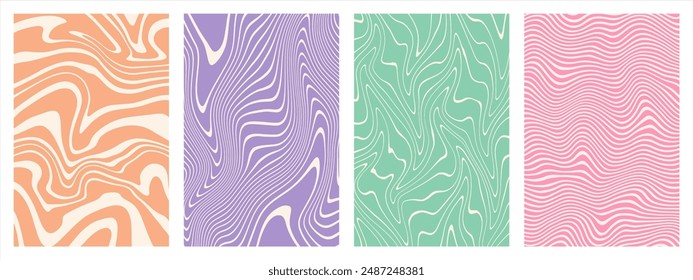 Hand drawn funky groovy hippie backgrounds patterns set. Marble stains, winding fluid wavy lines. Distorted curved uneven stripes, warped streaks, doodle artistic waves. Rectangle templates collection