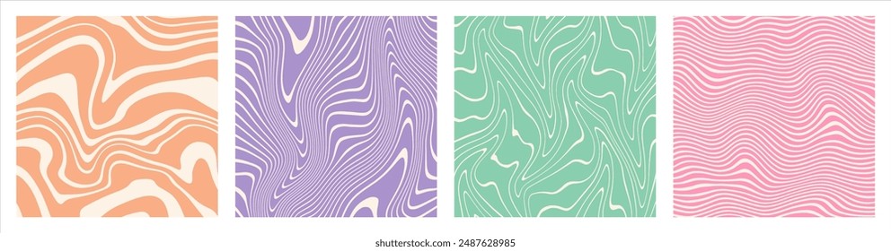 Hand drawn funky groovy hippie backgrounds patterns set. Marble stains, winding fluid wavy lines. Distorted curved uneven stripes, warped streaks, doodle artistic waves. Square templates collection