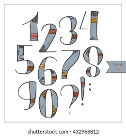 Hand drawn funky numbers, decorated and colored for lettering or design. Red and yellow strokes on blue, hatched and dotted decoration. Isolated on white set of digits sequence from 1 to 9. 