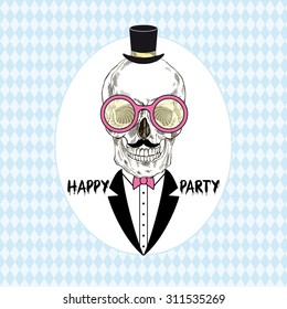 hand drawn funky party scull in tuxedo