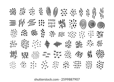Hand drawn funky texture vector set. Abstract doodle marker spiral, polka dot, line drawing illustration. Modern grunge ink elements for posters, invitations, cards, social media