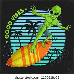 Hand drawn funny Alien surfing on orange surfboard against vintage sunset, Alien UFO character surf 