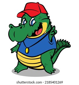 Hand drawn of Funny Alligator cartoon characters wearing t-shirt, gold necklace, and baseball cap. Best for sticker, logo, and mascot for streetwear store