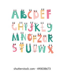 hand drawn funny alphabet. comic letters set. letters with funny faces