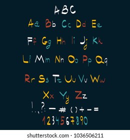 Hand drawn funny alphabet with numbers. Vector illustration.