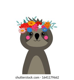 Hand drawn funny animal posters. Cute sloth with flower crown, flat isolated templates for kids poster, nursery design and birthday greeting cards. Vector illustration