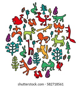 Hand Drawn Funny Animal's Icons. Vector Illustration.