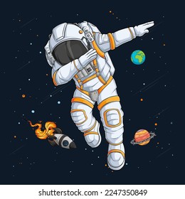 Hand drawn funny Astronaut doing dabbing dance in the space with a space rocket and planets behind