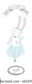 Hand drawn funny ballet poster with a cute cartoon bunny dancing Sylph from La Sylphide, with text. Isolated objects on white background. Design concept for children, dancing. Vector illustration.