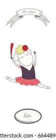 Hand drawn funny ballet poster with a cute cartoon sheep dancing Kitri from Don Quixote, with text. Isolated objects on white background. Design concept for children, dancing. Vector illustration.