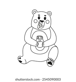 Hand drawn funny bear character with honey jar. Nature animal doodle illustration