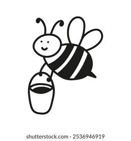 Hand drawn funny bee character with honey bucket. Nature insects doodle illustration