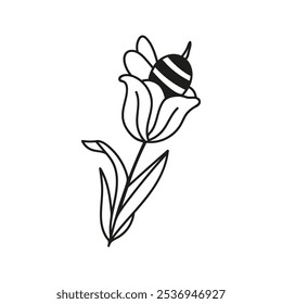 Hand drawn funny bee character inside flower. Nature insects doodle illustration