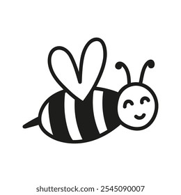 Hand drawn funny bee character with heart shape wings. Nature insects doodle illustration