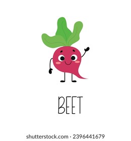 Hand drawn funny beet character. Card with vegetable name. Vector illustration
