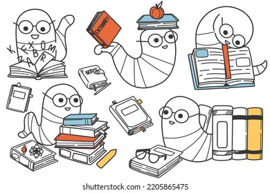Hand drawn funny bookworms doodle set. Smiling worms in glasses on stacks of books reading and learning educational literature. Happy smart animal characters study colorful textbooks.