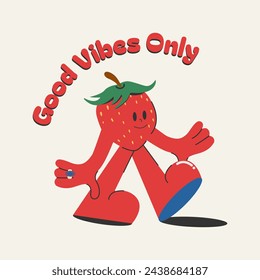 A hand drawn funny cartoon strawberry isolated on a white background. Print, sticker, postcard, poster, summer design element. Vector illustration in retro style.