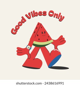 A hand drawn funny cartoon watermelon isolated on a white background. Print, sticker, postcard, poster, summer design element. Vector illustration in retro style.