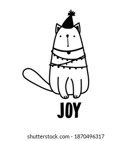 Hand drawn funny cat in doodle style. Lettering phrase Joy. Vector illustration in sketch style isolated on white. Cute design for Merry Christmas and Happy new Year