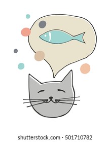 Hand drawn funny cat dream about fish and colored confetti