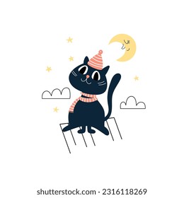 Hand drawn funny cat with hat and scarf sitting on the roof isolated on white background. Vector illustration.