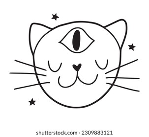 Hand drawn funny cat with third eye on the forehead, isolated on white background vector illustration in doodle line art 
