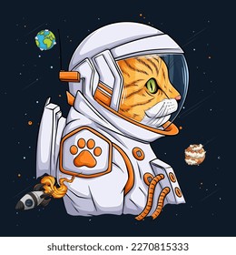 Handgezeichnete lustige Katze mit Astronautenraumzug. Spaceman- oder Kosmonautenkatze über Raketen und Planeten.