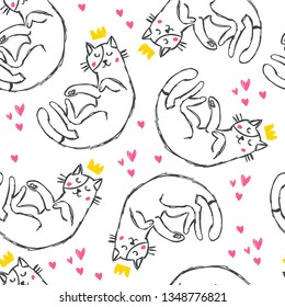 Hand drawn funny cats with crowns and hearts seamless pattern. Cute cartoon playful cats. Textile with outline animals kids design. Doodle style children illustration for clothes,  fabric - Vector