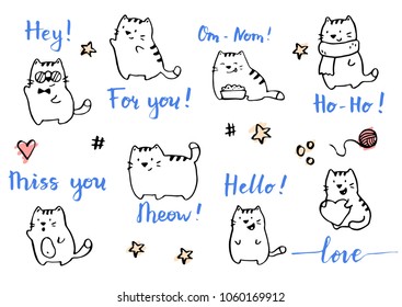 Hand drawn funny cats illustration drawing by ink brush pen.  Simple doodle sketch style. Cute cat characters collection for your greeting card, template design.