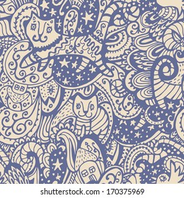 Hand drawn funny cats seamless pattern in soothing colours. Ethnic endless background